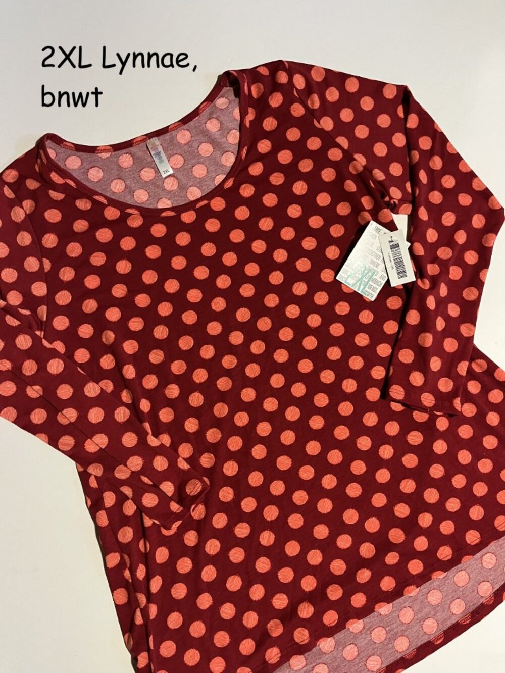 2XL Lularoe Lynnae long sleeve top, red with orange dots